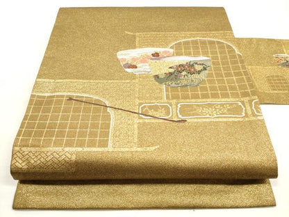 平和屋着物◎九寸名古屋帯 唐織 陶器文 金糸 正絹 逸品 DABD3984xg