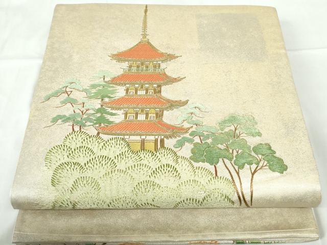 平和屋着物◎太鼓柄袋帯 総刺繍 風景文 金糸 正絹 逸品 DABD4020qa