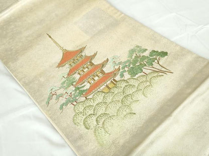 平和屋着物◎太鼓柄袋帯 総刺繍 風景文 金糸 正絹 逸品 DABD4020qa