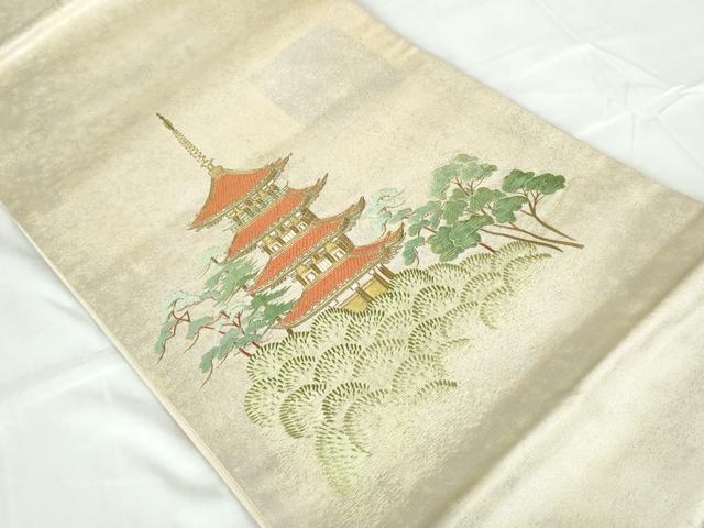 平和屋着物◎太鼓柄袋帯 総刺繍 風景文 金糸 正絹 逸品 DABD4020qa
