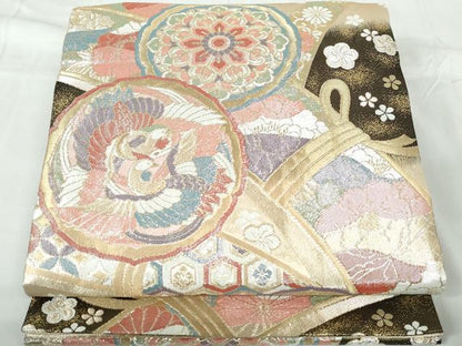 平和屋着物◎九百佐賀錦　六通柄袋帯　向かい鳥花文　慶長　金銀糸　正絹　逸品　DABD4030qa