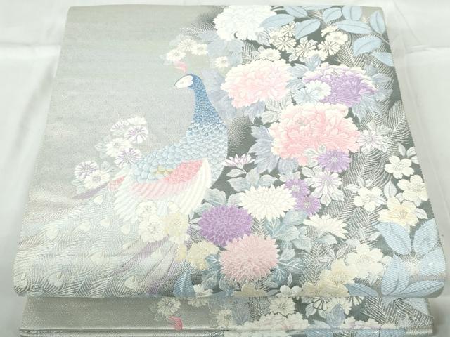 平和屋着物◎六通柄袋帯 唐織 孔雀花文 九百錦 オパール箔 正絹 逸品 DABD4032qa