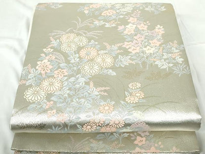 平和屋着物◎六通柄袋帯　草花文　純銀乃彩　王朝錦　金銀糸　正絹　逸品　DABD4035qa
