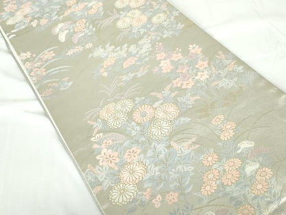 平和屋着物◎六通柄袋帯　草花文　純銀乃彩　王朝錦　金銀糸　正絹　逸品　DABD4035qa