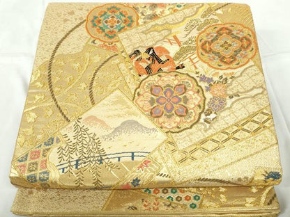 平和屋着物◎六通柄袋帯 唐織 重ね色紙正倉院花文 金糸 正絹 逸品 DABD4039qa