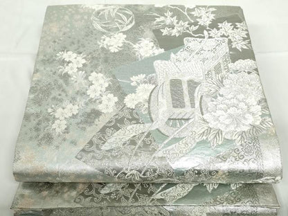 平和屋着物◎六通柄袋帯 唐織 御所車花文 プラチナ箔 正絹 逸品 DABD4053qa