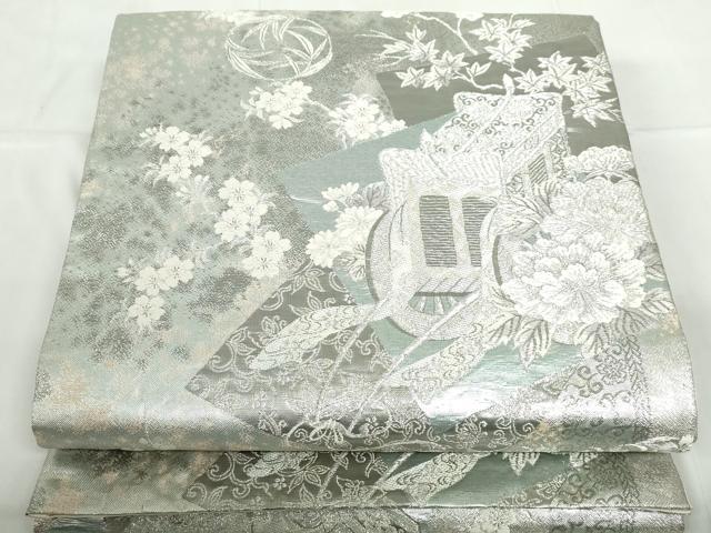平和屋着物◎六通柄袋帯 唐織 御所車花文 プラチナ箔 正絹 逸品 DABD4053qa