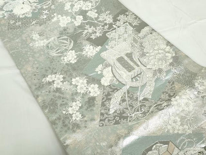 平和屋着物◎六通柄袋帯 唐織 御所車花文 プラチナ箔 正絹 逸品 DABD4053qa
