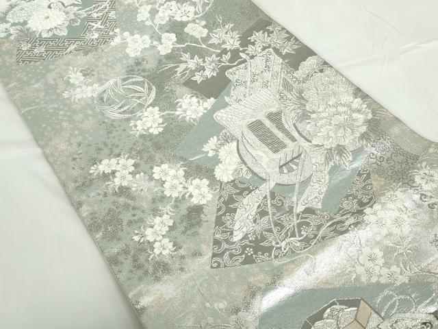 平和屋着物◎六通柄袋帯 唐織 御所車花文 プラチナ箔 正絹 逸品 DABD4053qa