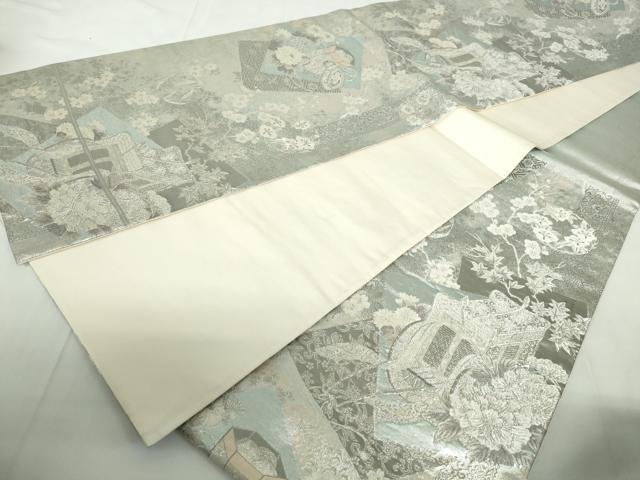 平和屋着物◎六通柄袋帯 唐織 御所車花文 プラチナ箔 正絹 逸品 DABD4053qa