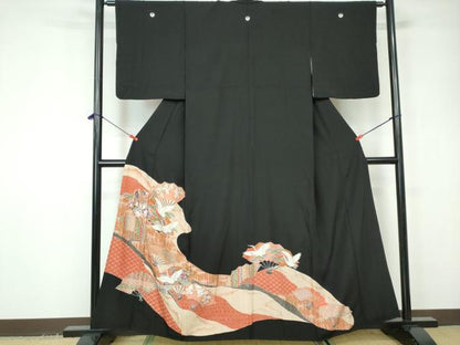 平和屋着物■豪華黒留袖　駒刺繍　扇面飛鶴花文　暈し染め　金彩　正絹　逸品　DABD4133qa