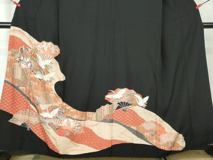 平和屋着物■豪華黒留袖　駒刺繍　扇面飛鶴花文　暈し染め　金彩　正絹　逸品　DABD4133qa