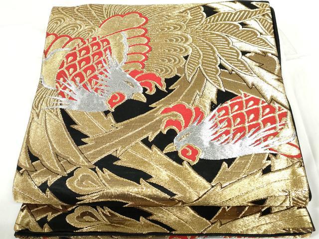 平和屋着物◎六通柄 京袋帯 鳳凰 黒地 金銀糸 正絹 逸品 DABD4154qa