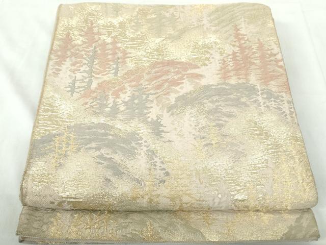 平和屋着物◎六通柄　京袋帯　重ね山樹林文　金糸　三越扱い　正絹　逸品　DABD4247qa
