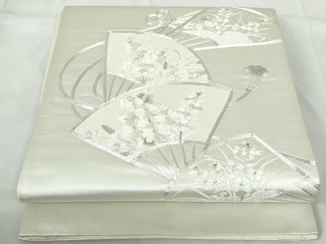 平和屋着物◎太鼓柄袋帯　駒刺繍　扇面花文　銀糸　正絹　逸品　DABD4264qa
