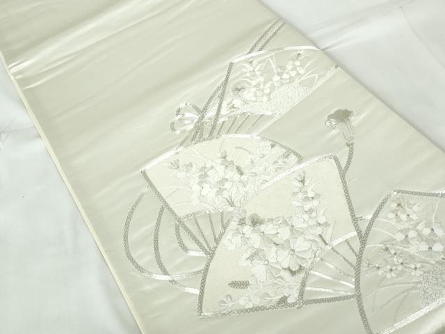 平和屋着物◎太鼓柄袋帯　駒刺繍　扇面花文　銀糸　正絹　逸品　DABD4264qa