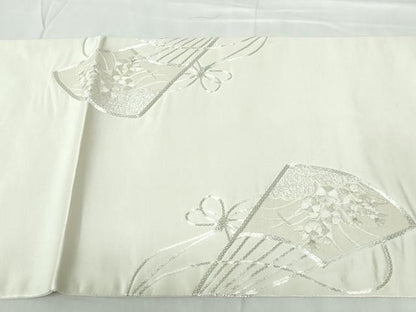 平和屋着物◎太鼓柄袋帯　駒刺繍　扇面花文　銀糸　正絹　逸品　DABD4264qa