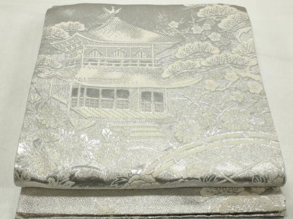 平和屋着物◎六通柄袋帯　風景花文　銀糸　正絹　逸品　DABD4275qa