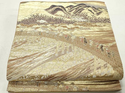 平和屋着物◎六通柄袋帯　作家物　風景人物文　東海道　廣重　金銀糸　正絹　逸品　DABD4284qa