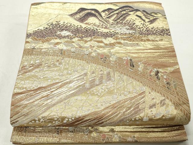 平和屋着物◎六通柄袋帯　作家物　風景人物文　東海道　廣重　金銀糸　正絹　逸品　DABD4284qa
