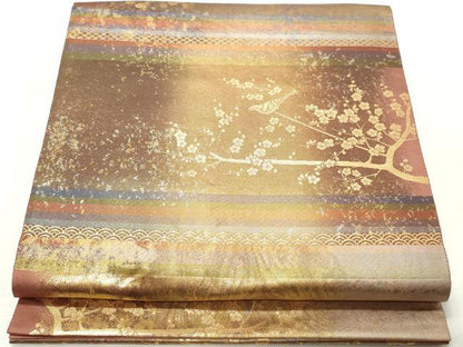 平和屋着物◎六通柄袋帯　梅に鶯　陶漆箔　金糸　引箔　正絹　逸品　DABD4294qa
