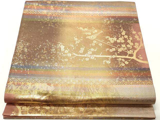 平和屋着物◎六通柄袋帯　梅に鶯　陶漆箔　金糸　引箔　正絹　逸品　DABD4294qa