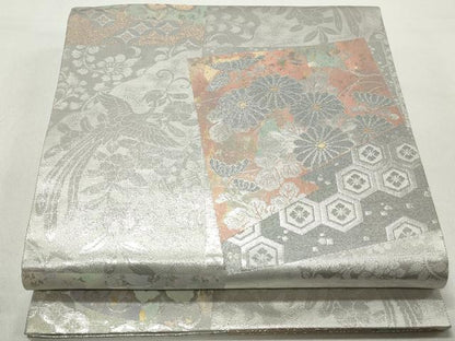 平和屋着物◎六通柄袋帯　重ね色紙花鳥文　金銀糸　引箔　正絹　逸品　DABD4296qa
