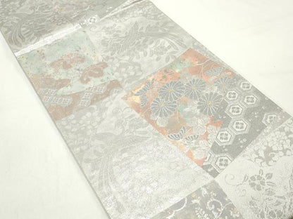 平和屋着物◎六通柄袋帯　重ね色紙花鳥文　金銀糸　引箔　正絹　逸品　DABD4296qa