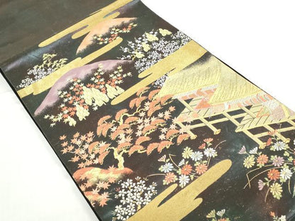 平和屋着物◎六通柄袋帯　唐織　風景花文　金糸　引箔　正絹　逸品　DABD4364qa