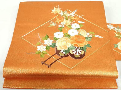 平和屋着物◎九寸名古屋帯　駒刺繍　総刺繍　花車菱文　金銀糸　正絹　逸品　DABD4391qa
