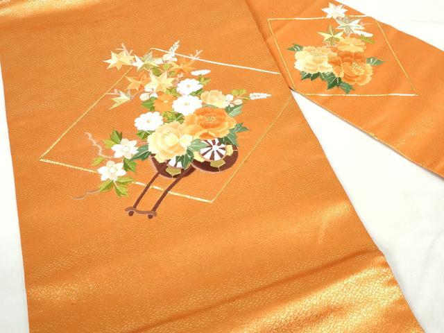 平和屋着物◎九寸名古屋帯　駒刺繍　総刺繍　花車菱文　金銀糸　正絹　逸品　DABD4391qa