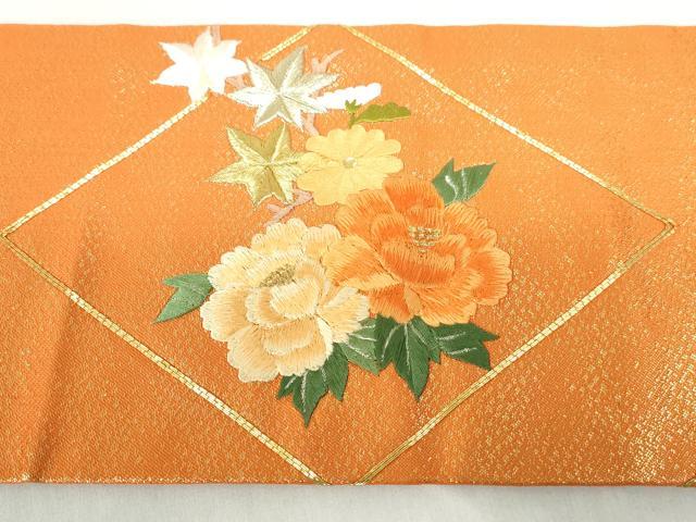 平和屋着物◎九寸名古屋帯　駒刺繍　総刺繍　花車菱文　金銀糸　正絹　逸品　DABD4391qa