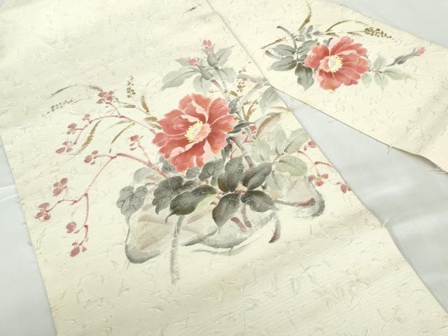 平和屋着物◎九寸名古屋帯　髭紬　手描き　草花文　金彩　正絹　逸品　DABD4418qa