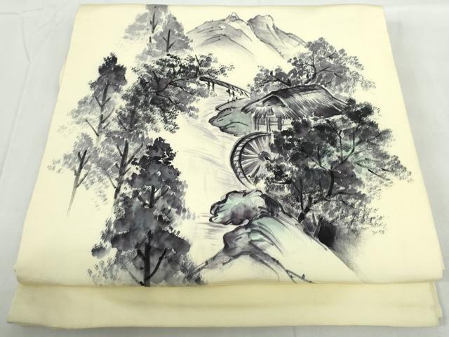 平和屋着物◎九寸名古屋帯　作家物　手描き　風景文　正絹　逸品　DABD4426qa