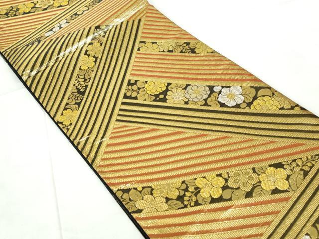 平和屋着物◎西陣　橋本テル織物謹製　六通柄袋帯　変わり縞　舞花文　黒地　金銀糸　証紙付き　正絹　逸品　DABD4445qa
