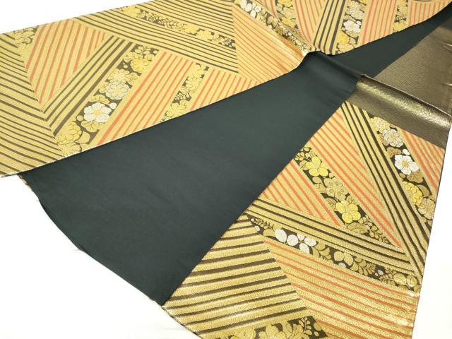 平和屋着物◎西陣　橋本テル織物謹製　六通柄袋帯　変わり縞　舞花文　黒地　金銀糸　証紙付き　正絹　逸品　DABD4445qa