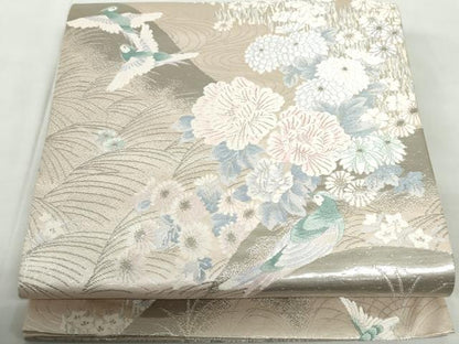 平和屋着物◎六通柄袋帯 唐織 二重織 流水花鳥文 プラチナ箔 正絹 逸品 DABD4501qa