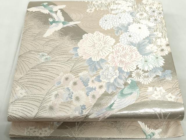 平和屋着物◎六通柄袋帯 唐織 二重織 流水花鳥文 プラチナ箔 正絹 逸品 DABD4501qa