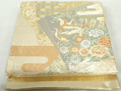 平和屋着物◎宝珠本佐賀錦 六通柄袋帯 九百錦 色紙重ね飛鶴花文 金糸 証紙付き 正絹 逸品 DABD4503qa