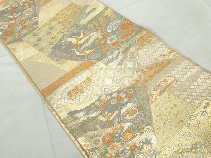 平和屋着物◎宝珠本佐賀錦 六通柄袋帯 九百錦 色紙重ね飛鶴花文 金糸 証紙付き 正絹 逸品 DABD4503qa