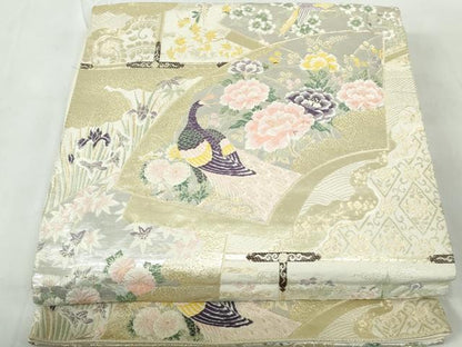 平和屋着物◎六通柄袋帯 唐織 地紙孔雀花文 九百錦 金銀糸 正絹 逸品 DABD4514qa