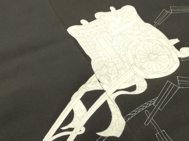 平和屋着物▼黒留袖　反物　着尺　裁断済　色付前　御所車花文　逸品　未使用　DABD4665zy