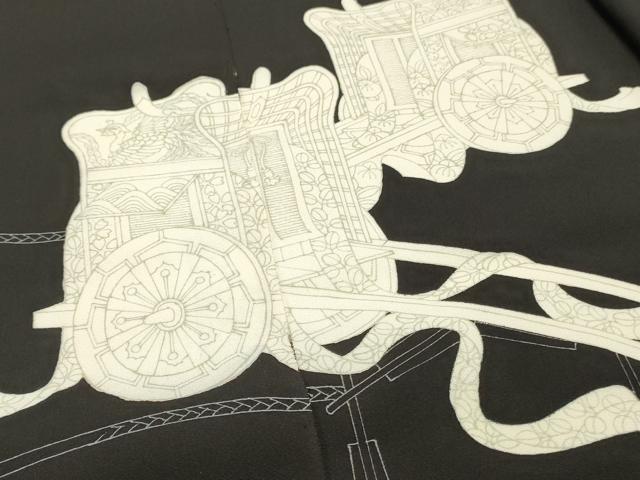 平和屋着物▼黒留袖　反物　着尺　裁断済　色付前　御所車花文　逸品　未使用　DABD4665zy