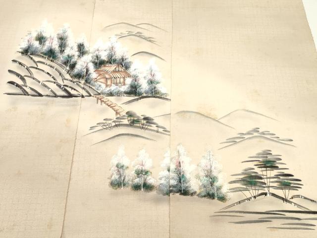平和屋着物▼付下げ　反物　着尺　紬地　手描き　風景文　逸品　未使用　DABD4993zy