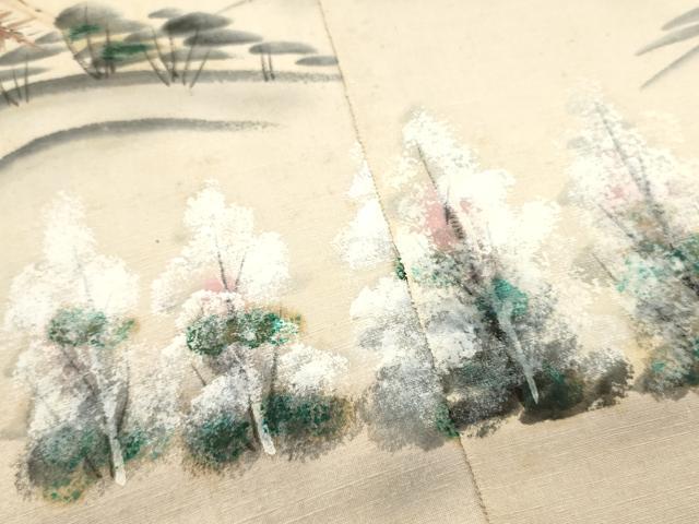 平和屋着物▼付下げ　反物　着尺　紬地　手描き　風景文　逸品　未使用　DABD4993zy