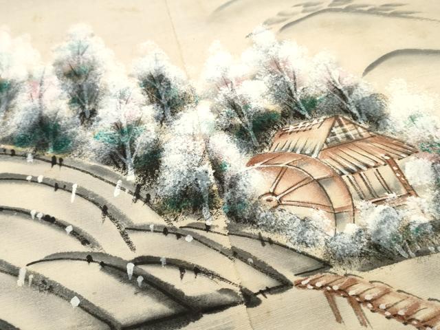 平和屋着物▼付下げ　反物　着尺　紬地　手描き　風景文　逸品　未使用　DABD4993zy