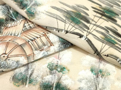 平和屋着物▼付下げ　反物　着尺　紬地　手描き　風景文　逸品　未使用　DABD4993zy