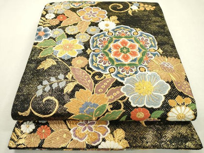 平和屋着物●六通柄袋帯　唐織　正倉院更紗花唐草文　黒地　金糸　正絹　逸品　DABD5061fe