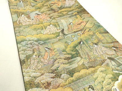 平和屋着物▼極上　西陣あさぎ　全通全景柄袋帯　源氏物語絵巻　本金箔　正絹　24ｋ　逸品　DABD5211fe