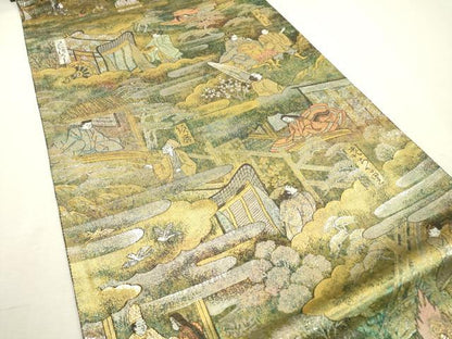 平和屋着物▼極上　西陣あさぎ　全通全景柄袋帯　源氏物語絵巻　本金箔　正絹　24ｋ　逸品　DABD5211fe